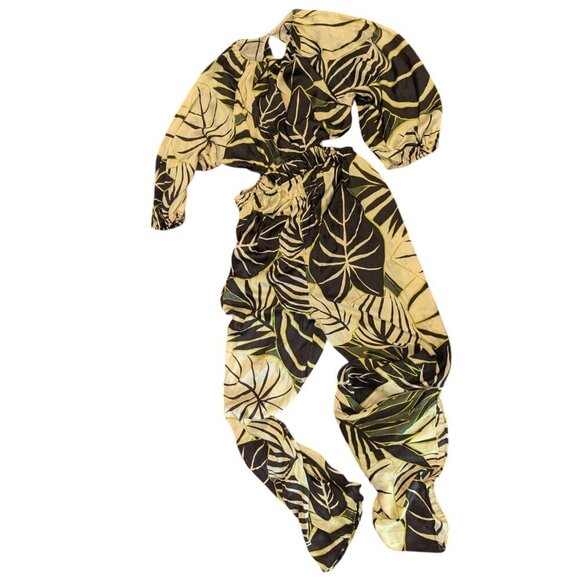 Zara Cut Out Tropical Print Jumpsuit Satin Elastic Waist Multicolor Boho VACA - Picture 2 of 9